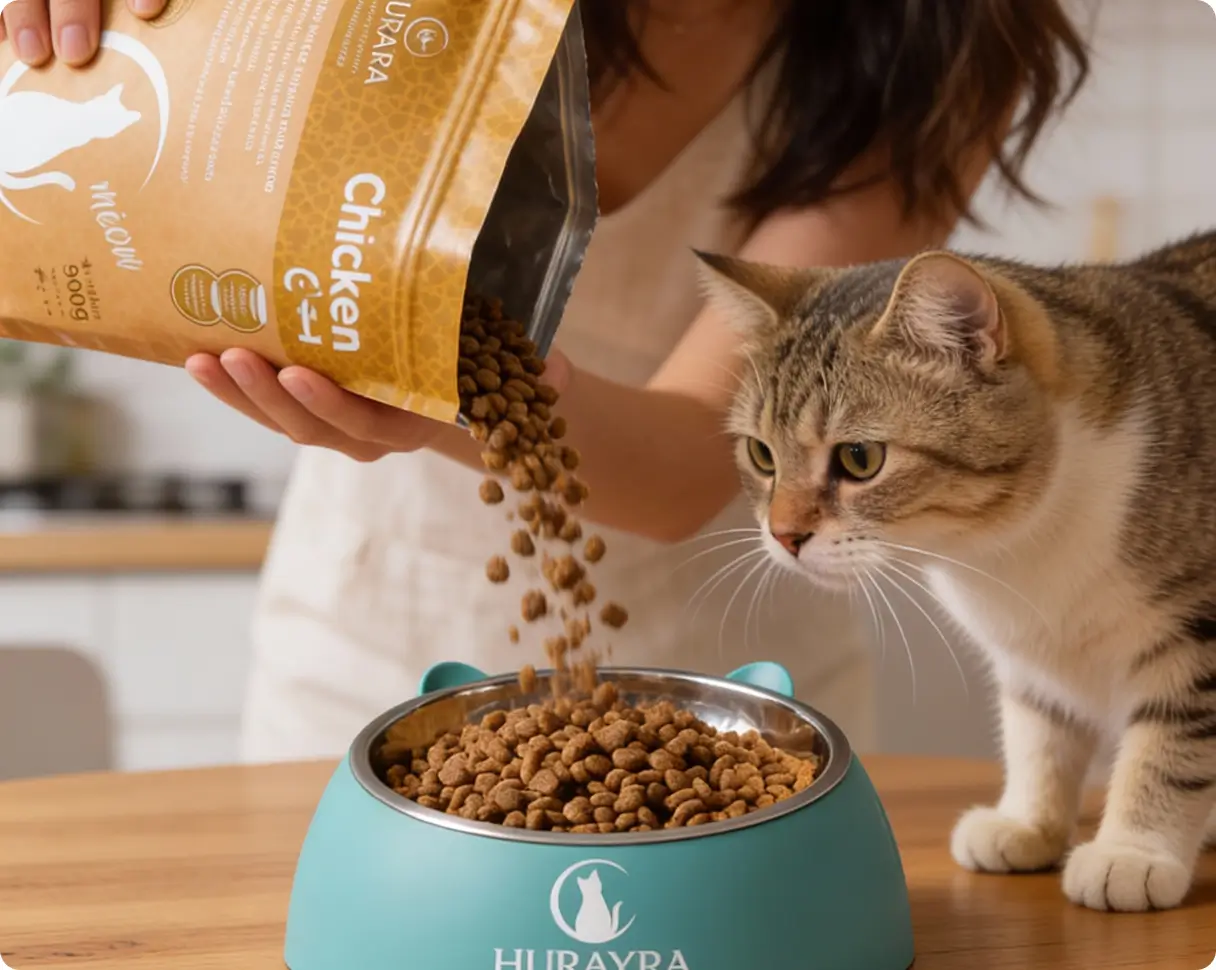 A cat beside a bowl of grain-free dry food