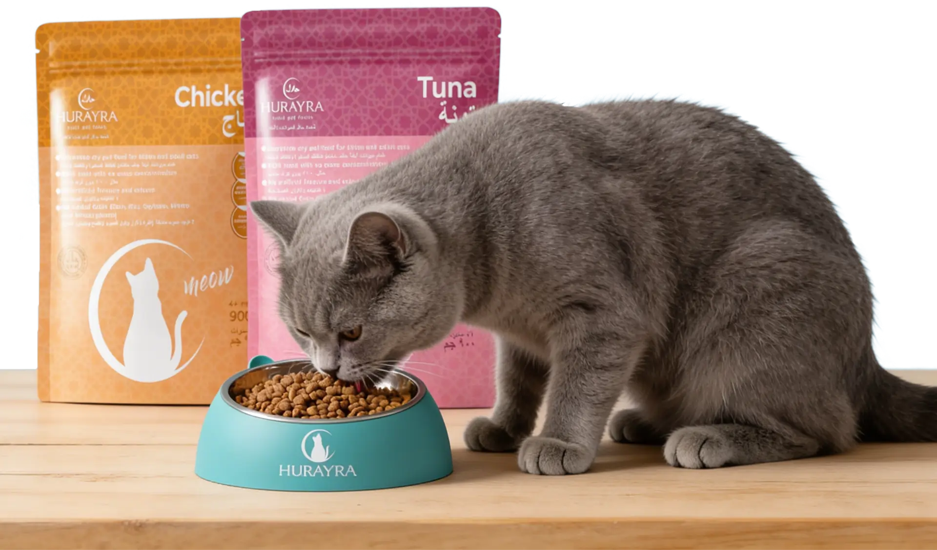 A cat eating Hurayra dry food from a branded bowl beside the Chicken and Tuna packs