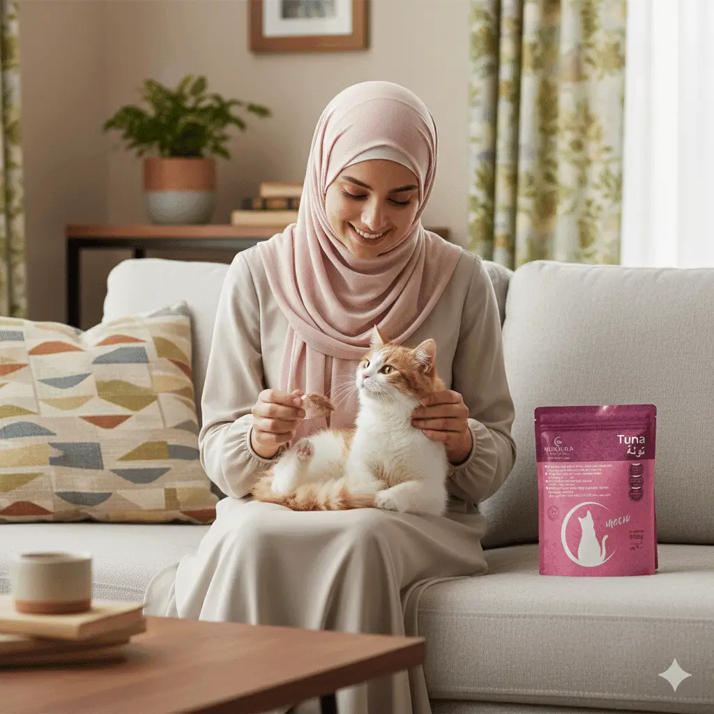 A Muslim pet owner with their cat