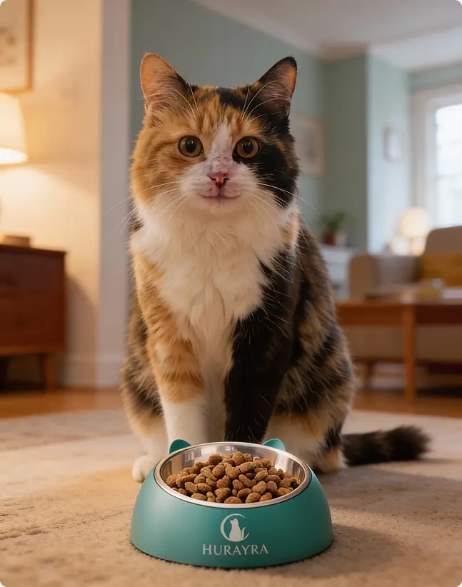 A cat sitting behind a Hurayra bowl filled with dry food